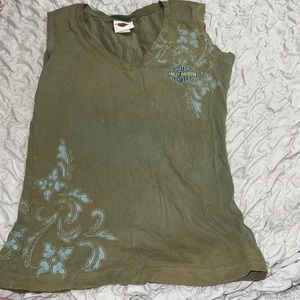 VINTAGE rare Harley Davidson bejeweled olive green tank top